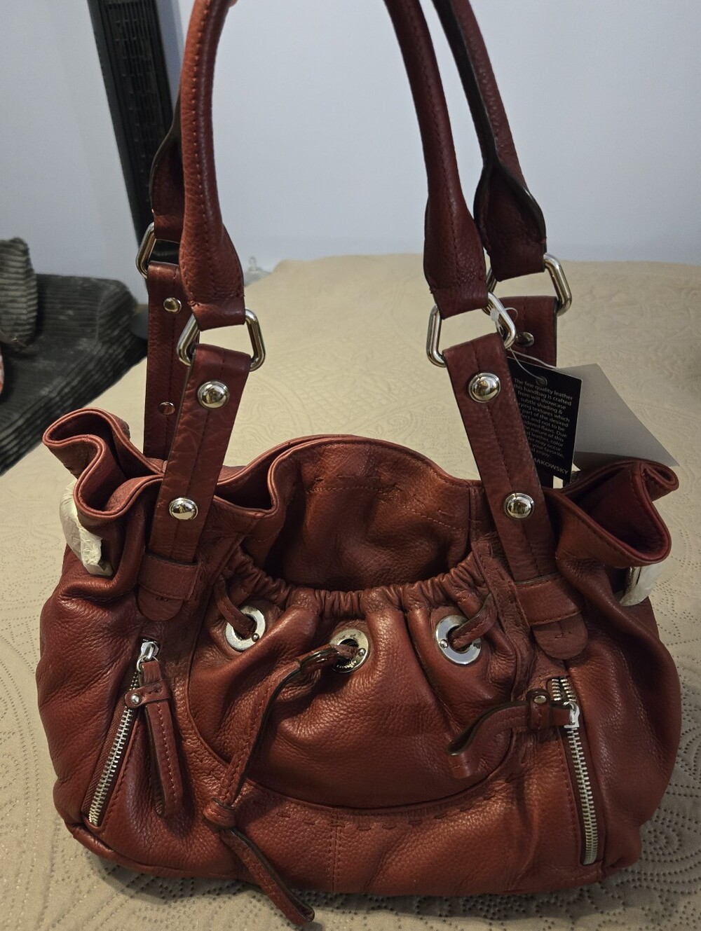 B. Makowsky Women’s Leather Drawstring Handbag - Lisboa Red, NWT